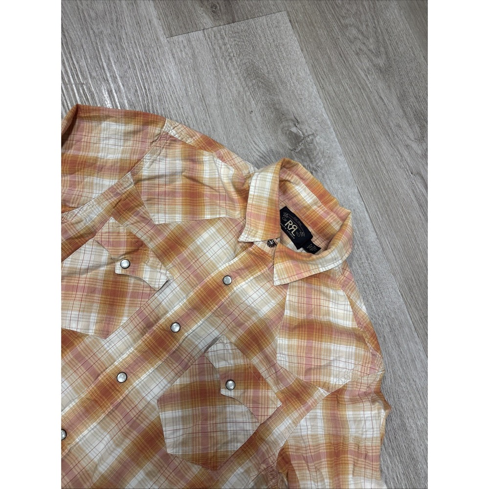 RRL Double RL Pearl Snap Western Button Up Orange Plaid Men's Small